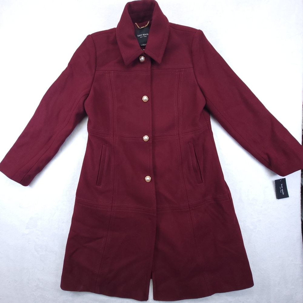 Kate Spade Red Deep Lipstick Wool Blend Long Large Button Up Pea Coat Women Sz L